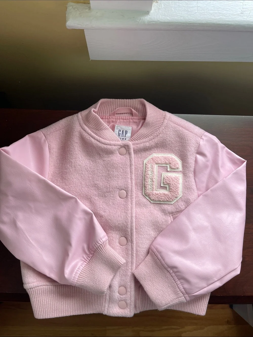 GAP Light Pink Kids Wool-Blend Varsity Bomber Jacket XS